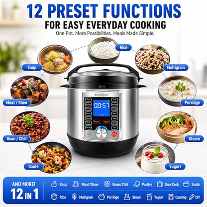 KINGBULL 14-in-1 Electric Pressure Cooker 6 Quart, Stainless Steel Multi Cooker with LCD Display, Slow Cooker, Rice Cooker, Steamer, Sauté, Yogurt Maker, Warmer, DIY Mode, Black