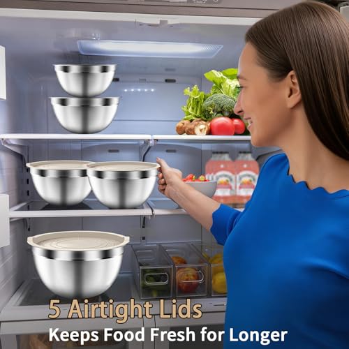 ZEENSUY Mixing Bowls with Airtight Lids Set, 5 PCS Stainless Steel Khaki Nesting Bowls for Kitchen, Large Prep Metal Mixing Bowls for Kitchen, 5.5/4/3.5/2/1.5 QT for Mixing & Serving