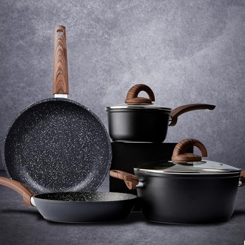 Vkoocy Pots and Pans Set Non Stick, Ceramic Cookware Set with Granite Pattern Kitchen Cooking Sets Induction Pot and Pan w/Frying Pans, Saucepans, Casserole, Non-Toxic, PTFE/PFOA/PFOS-Free, Black