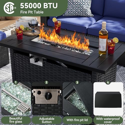 Aoxun 8 Piece Patio Furniture Set with 44” Fire Pit Table, Wicker Patio Sectional Sofa, Outdoor Furniture Set with Thickened Cushion, Blue