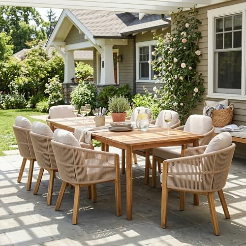 Christopher Knight Home Grotta 9 Piece Outdoor Dining Set, Acacia Wood Patio Dining Table Set with 8 Rope Weave Chairs Beige Cushions Rectangular Outdoor Furniture Set for Garden Patio Backyard