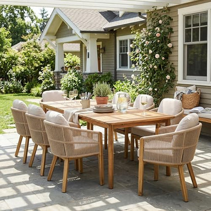 Christopher Knight Home Grotta 9 Piece Outdoor Dining Set, Acacia Wood Patio Dining Table Set with 8 Rope Weave Chairs Beige Cushions Rectangular Outdoor Furniture Set for Garden Patio Backyard