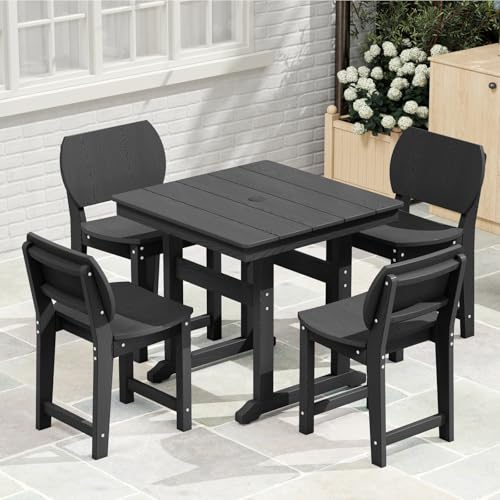 BIVODA 5-Piece HDPE Outdoor Dining Set, Weatherproof Patio Table and Chairs Set for 4, Includes 1 Square Table and 6 Armless Chairs, with Umbrella Hole (Black)