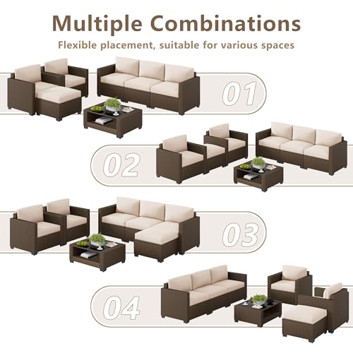 LOUVIXA 7 Piece Outdoor Patio Furniture Set, Rattan Chairs Glass Table Wicker Conversation Seating Sectional Sofa with Cushions (Brown-Beige, 7Pcs-2 Layer Coffee Table)