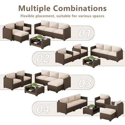 LOUVIXA 7 Piece Outdoor Patio Furniture Set, Rattan Chairs Glass Table Wicker Conversation Seating Sectional Sofa with Cushions (Brown-Beige, 7Pcs-2 Layer Coffee Table)