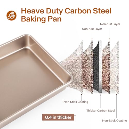 Barlket Deep Baking Pans Set, 3-Pieces Rectangle Cake Pan, Nonstick Carbon Steel Roasting Pans, 9/11/13 Inch, Lasagna Pan with 1.6-2.3 Inch Deep Size, Heavy Duty Stackable Oven Baking Trays, Gold