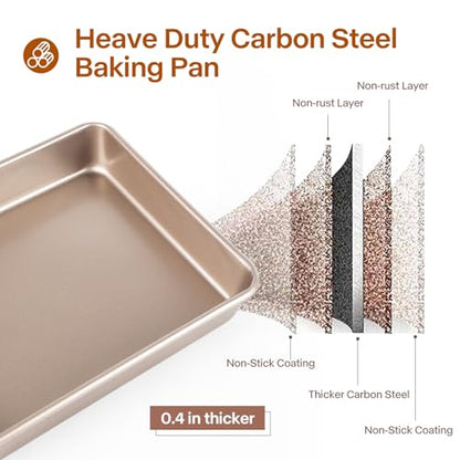 Barlket Deep Baking Pans Set, 3-Pieces Rectangle Cake Pan, Nonstick Carbon Steel Roasting Pans, 9/11/13 Inch, Lasagna Pan with 1.6-2.3 Inch Deep Size, Heavy Duty Stackable Oven Baking Trays, Gold