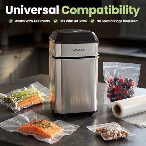 InstaSeal Vacuum Sealer for Food with 12 Bags, Preserves Foods 5x Longer, Space Saving Compact Upright Design Allows Machine to Seal Marinades, Soups, Meats for Sous Vide Cooking, Vegetables