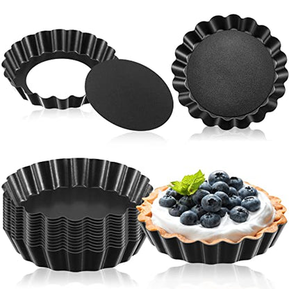 Tessco 16 Pieces Mini Tart Pans with Removable Bottom Nonstick Quiche Mini Pie Tart Pans Bakeware Mold Fluted Side for Pies(Black Gray Round,3 Inch)