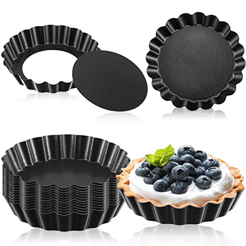 Tessco 16 Pieces Mini Tart Pans with Removable Bottom Nonstick Quiche Mini Pie Tart Pans Bakeware Mold Fluted Side for Pies(Black Gray Round,3 Inch)