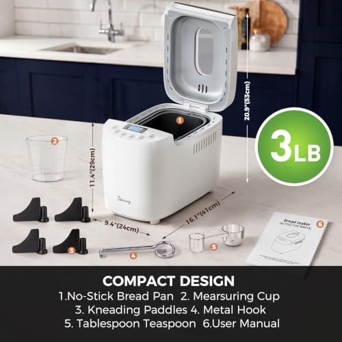 Davivy 3LB Bread Maker, 15 Preset Programs with 4 Quick Mode, 15H Delay Timer & Keep Warm, 3 Loaf Sizes & 3 Crust Shades, Gluten-free, Homemade Bread, Dough, Cake, Yogurt & Jam