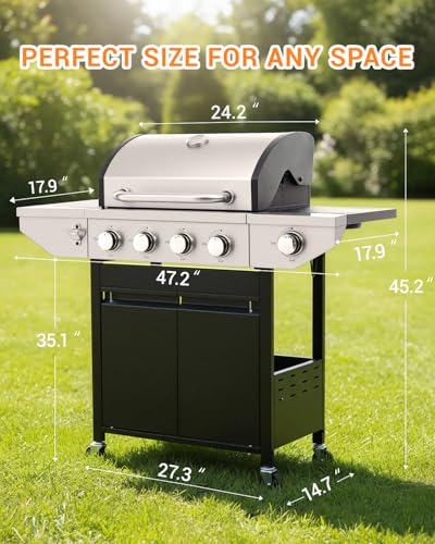 EUHOME 4-Burner Propane Gas BBQ Grill with Side Burner, 46,500 BTU Output Stainless Steel Barbecue Grill with Enameled Cast Iron Grates and Side Tables for Outdoor Cooking Kitchen and Patio Backyard