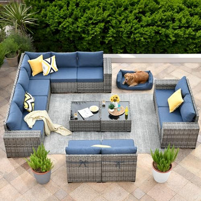 ovios 12 Pieces Patio Furniture Set, Outdoor Wicker Sectional Sofa with Coffee Table Comfy Cushions, Modern Modular Deep Seat Couch Rattan Conversation Set, Denim Blue