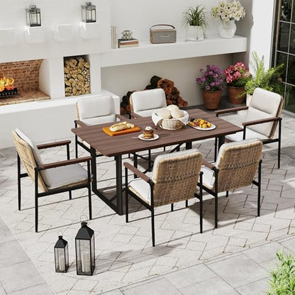 HAPPATIO Aluminum Patio Dining Chairs Set 4 Pieces, All-Weather Wicker Rattan Outdoor Dining Chairs with Wooden Armrests & Cushions, Classic Outdoor Seating for Garden, Lawn, Backyard
