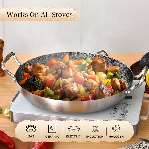 Inqibee 13-Inch Hybrid Tri-Ply Stainless Steel Paella Pan with Lid, Ceramic Non Stick Large Skillet, Induction Cooking Pan, Anti-Scratch, Dishwasher and Oven Safe