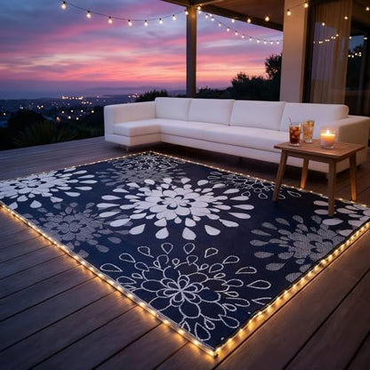 Wallona Outdoor Rugs 8x10 ft Patio Waterproof with Led Strip Lights Indoor Outdoor Carpet for Patio Plastic Straw Reversible Area Rugs Mat for RV, Camping, Beach, Picnic, Porch, Flower Blue & White