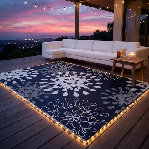 Wallona Outdoor Rugs 8x10 ft Patio Waterproof with Led Strip Lights Indoor Outdoor Carpet for Patio Plastic Straw Reversible Area Rugs Mat for RV, Camping, Beach, Picnic, Porch, Flower Blue & White
