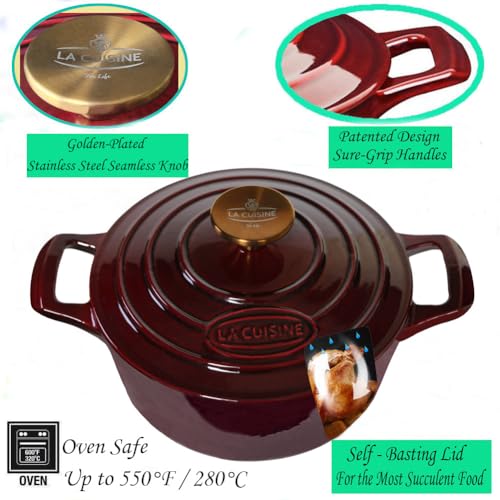 La Cuisine Enameled Cast Iron Dutch Oven Casserole Dish Pot with Lid, 5 QT 10.3“ /26cm Dia. Internal Matt Black Enamel Coating Gold-Plated SS Lid Handle Oven Safe up to 500° F, Cranberry