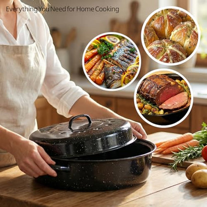Turkey Roaster Pan 18in Roasting Pan With Lid Enamel Carbon Steel Roaster Pot with 16in Inner Diameter,18 Pound Large Capacity High Temperature Resistance Oval Cookware