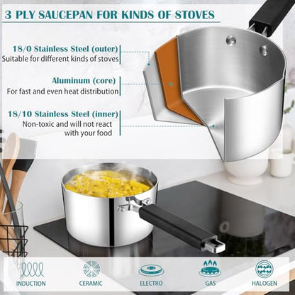 P&P CHEF 3 Quarts Sauce Pan and Pot with Lid, Tri-Ply Stainless Steel Saucepan Cookware for Induction & Multi Stoves, Heat-proof Handle & Visible Glass Lid, Dishwasher Safe