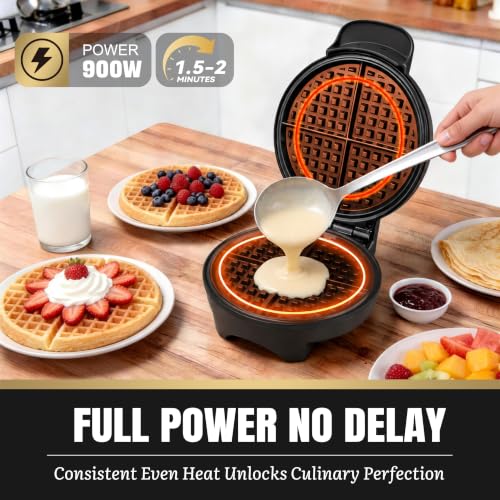 FineMade 7 Inches Classic Waffle Maker Machine, belgian waffle maker with PFAS-Free Ceramic Non-Stick Plates,Waflera electrica, Thin Waffle Maker Crispy, Round Waffle Iron, Graphite