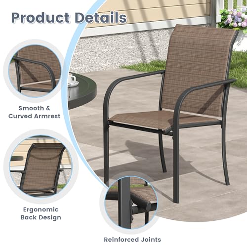 VICLLAX 9 Pieces Patio Outdoor Dining Set, 70" Outdoor Rectangular Metal Dining Table with Umbrella Hole and 8 Stackable Textilene Chairs for Lawn, Garden, Porch, Black/Brown