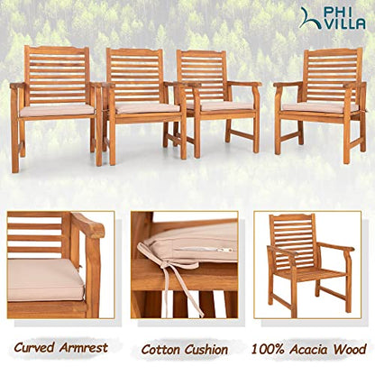 PHI VILLA 7pc Outdoor Dining Set, Expandable Wood Table w/Umbrella Hole