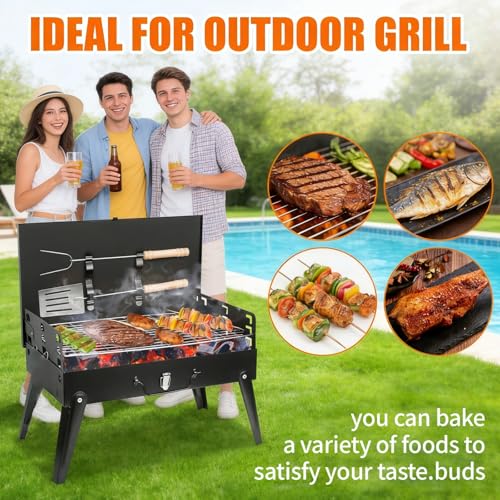 Portable Charcoal BBQ Grill Kit, Foldable Camping Mini Grill for Outdoor Cooking, Compact Design Barbecue Accessories with Barbecue Tools, Perfect for Beach, Backyard, Picnics (Mini Grill)