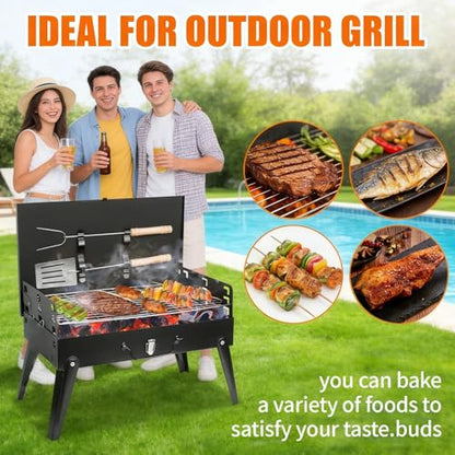Portable Charcoal BBQ Grill Kit, Foldable Camping Mini Grill for Outdoor Cooking, Compact Design Barbecue Accessories with Barbecue Tools, Perfect for Beach, Backyard, Picnics (Mini Grill)