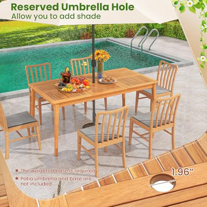Tangkula 7 Piece Wood Outdoor Dining Set for 6, Rectangular Patio Acacia Wood Table Set with 6 Cushioned Chairs, Umbrella Hole, Heavy Duty Metal Frame for Deck Porch Backyard