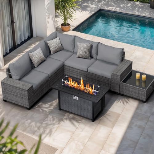 JOIVI 7 PCS PE Wicker Patio Furniture Set with 45" Fire Pit Table, Gray