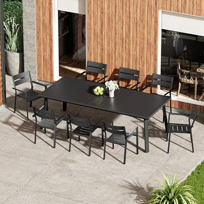 PATIOHIT 9-Piece Aluminum Outdoor Dining Set, 82" Large Rectangular Patio Table & 8 Stackable Armchairs Rust Proof Outdoor Furniture with Umbrella Hole for Lawn Garden Deck, Black