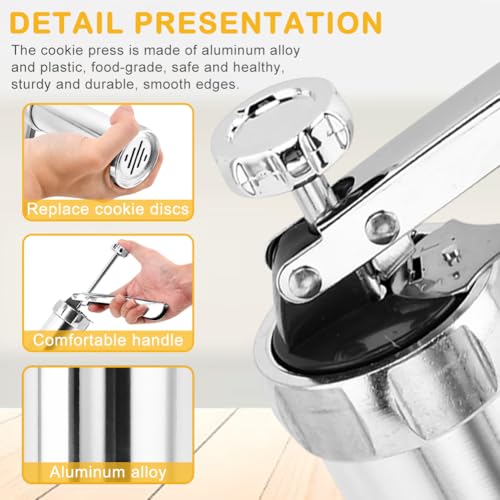 Stainless Steel Cookies Press Gun Manual Churro Maker Machine Churro Maker Kit with 20 Cookie Discs and 4 Piping Tips for DIY cake Makers Decorating Baking Supplies(Silver,Size:16.5x5cm/6.5x1.97inch)