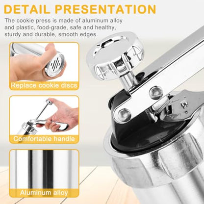 Stainless Steel Cookies Press Gun Manual Churro Maker Machine Churro Maker Kit with 20 Cookie Discs and 4 Piping Tips for DIY cake Makers Decorating Baking Supplies(Silver,Size:16.5x5cm/6.5x1.97inch)