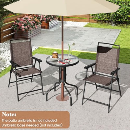Goplus Patio Bistro Set, 3-Piece Patio Dining Furniture Set with Round Tempered Glass Table, 2 Foldable Chairs, Small Outdoor Folding Chairs & Table Set for Porch Garden Pool Yard