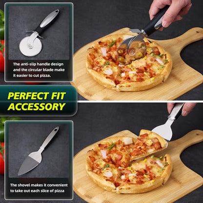 13 Inch Cordierite Pizza Stone 4-Piece Set for Oven & Grill - Round Baking Stone with Wooden Peel, Roller Cutter & Mini Cake Shovel