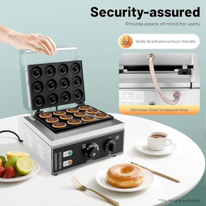 TENNIEX 1550W Electric Donut Maker, 12 Hole Nonstick Doughnut Machine Commercial Waffle Maker Crepe Maker for Restaurant Bakeries Family, Temperature Range 122-572℉