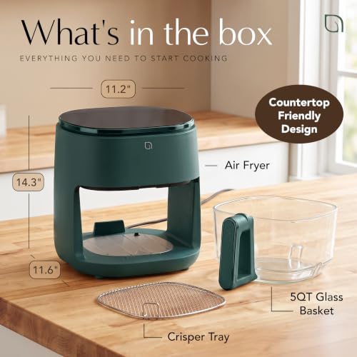 WILLOW Eco Series 6 in 1 Air Fryer with Glass Basket, 5 Quart Non Toxic Air Fryer w Digital Display, 430°F Max Temp, Preheat & Keep Warm Function, Compact + Dishwasher Safe Glass Airfryer - Green