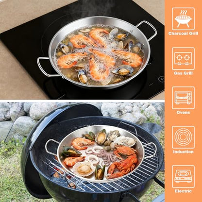 Stainless Steel Paella Pan with Handles, 18.5in Round Grill Griddle for TIKI Solo Stove Cuisinart Fire Pit Kamado Charcoal Grill Weber Kettle and More, Oven and Induction Safe for Indoor & Outdoor Use
