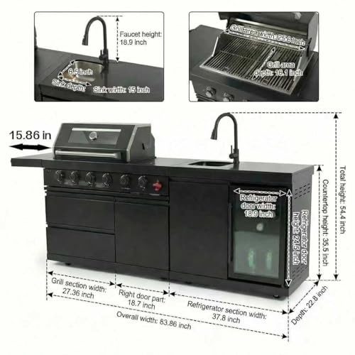 84 Inches Outdoor Kitchen Island, 5-Burner 75300 BTU Propane Stainless Steel BBQ with Side Burner, Refrigerator and Sink, Rotisserie, Granite Countertops, Storage for Backyard BBQ (Black)