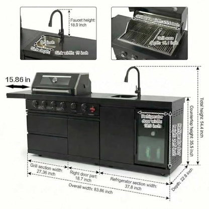 84 Inches Outdoor Kitchen Island, 5-Burner 75300 BTU Propane Stainless Steel BBQ with Side Burner, Refrigerator and Sink, Rotisserie, Granite Countertops, Storage for Backyard BBQ (Black)