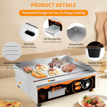 WICHEMI 22" Electric Grill Commercial Countertop Griddle Flat Top Grill Hot Plate Non-Stick Stainless Steel Teppanyaki Grill for Restaurant Kitchen, 110V 3000W