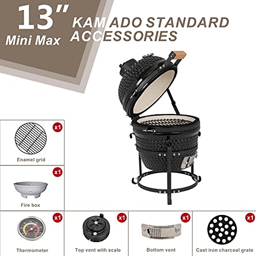 SWLJKU 13" Round Ceramic Kamado Charcoal Grill - Heavy-Duty Black Outdoor BBQ Smoker with Heat Retention, Portable Egg Design for Grilling, Smoking, Baking & Roasting (Includes Ash Tool)