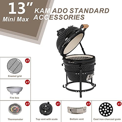ROVSUN Kamado Charcoal Grill and Smoker with Cast Iron Grate, Portable, Best Small BBQ Grill for Indoor/Outdoor Use, 13’’ Mini Max, Black