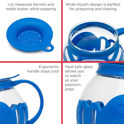 Ecolution Patented Micro-Pop Microwave Popcorn Popper with Temperature Safe Glass, 3-in-1 Lid Measures Kernels and Melts Butter, Made Without BPA, Dishwasher Safe, 1.5-Quart, Blue