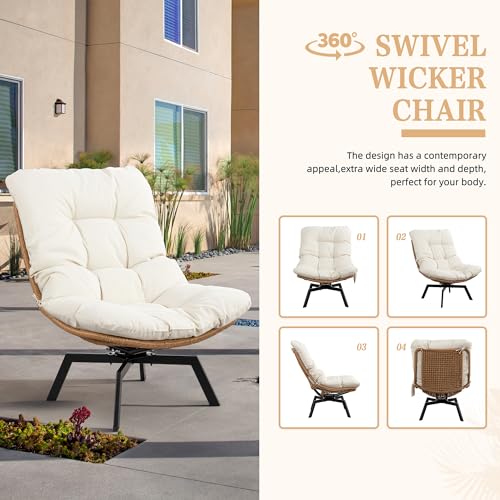 Vongrasig Swivel Wicker Chair PE Rattan Chair with Cushion, Oversized Patio Lounge Chair for Outdoor, Indoor, Balcony, Backyard, Garden, Living Room, Beige