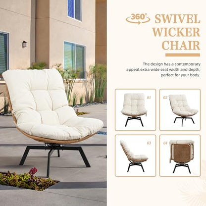 Vongrasig Swivel Wicker Chair PE Rattan Chair with Cushion, Oversized Patio Lounge Chair for Outdoor, Indoor, Balcony, Backyard, Garden, Living Room, Beige