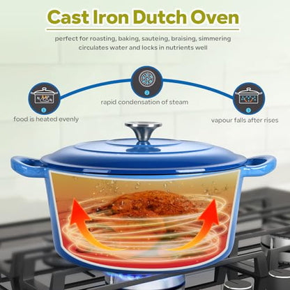 HaSteeL 6 Quart Cast Iron Dutch Oven, Pre-seasoned Enamel Cooking Stock Pot with Lid, Non-stick Round Cookware for Sourdough Bread Baking Roasting Stewing Braising Frying, Heavy Duty & Oven Safe(Blue)