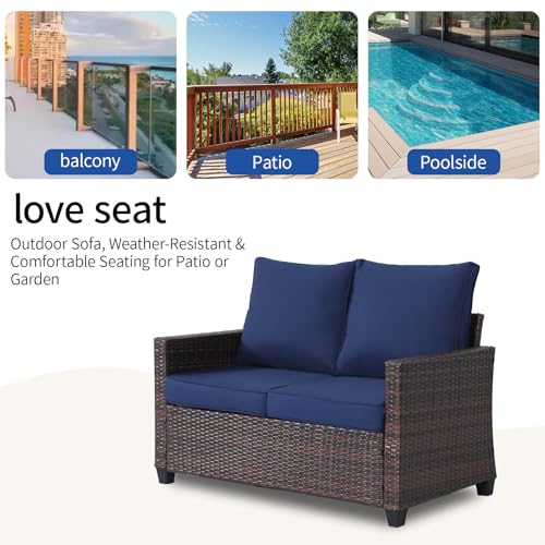 EortheX Patio loveseat 2-Seat Rattan Wicker Sofa,Blue,for Deck Garden
