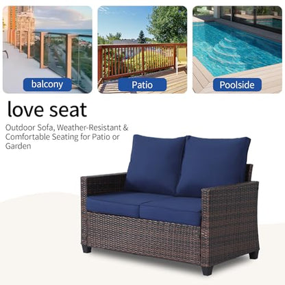 EortheX Patio loveseat 2-Seat Rattan Wicker Sofa,Blue,for Deck Garden